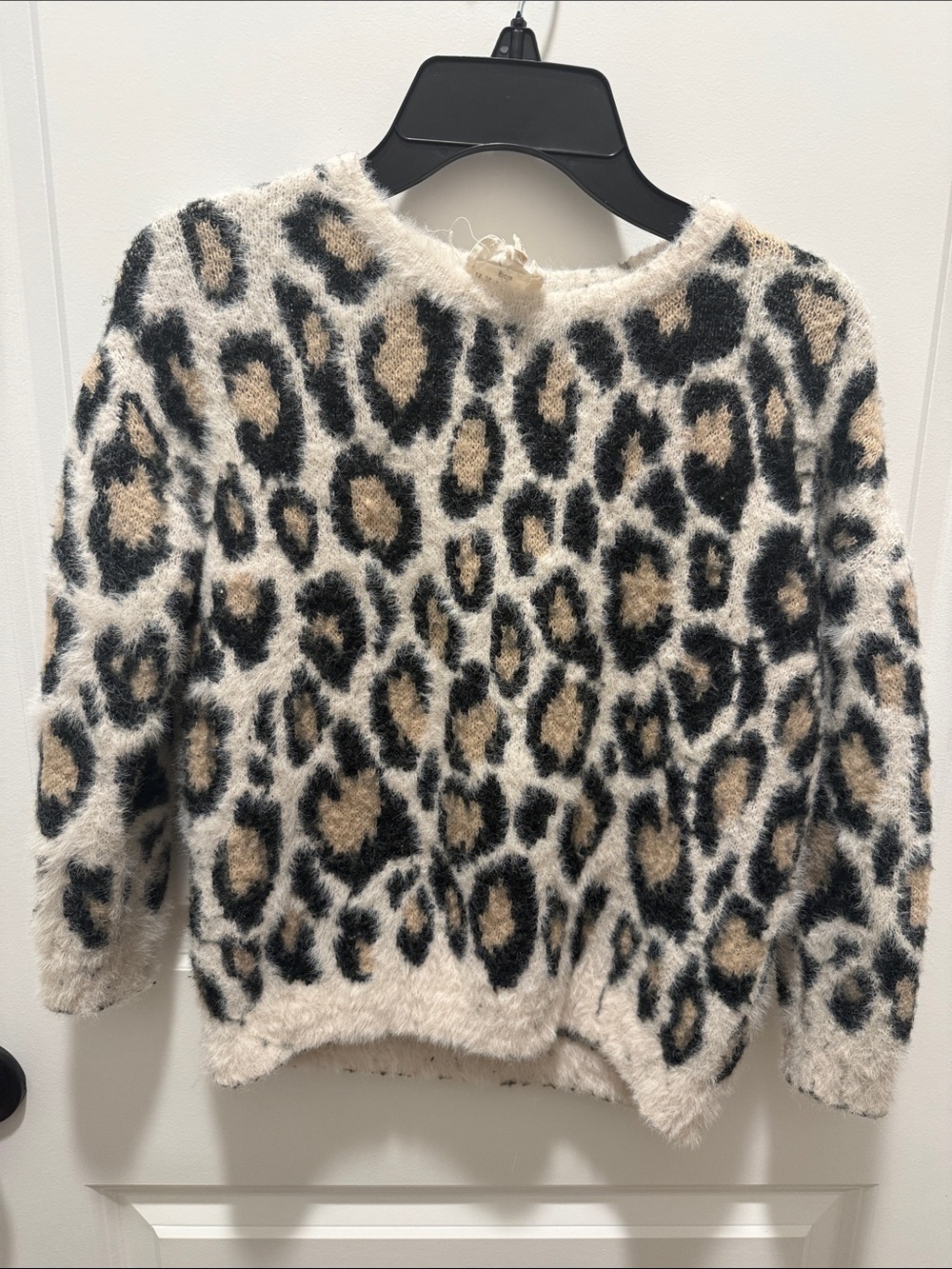 Hayden Girls Fuzzy Leopard Print Sweater - Cream, Black & Tan